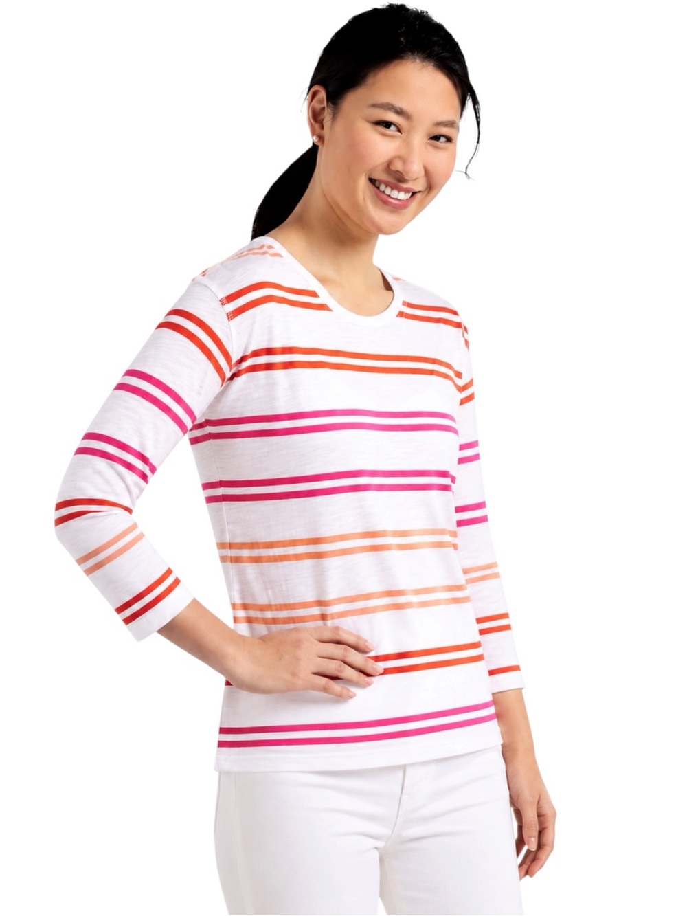 NWT Talbots XL Cross Back Stripe Top White Pink Orange 3/4 Sleeve Cotton Modal